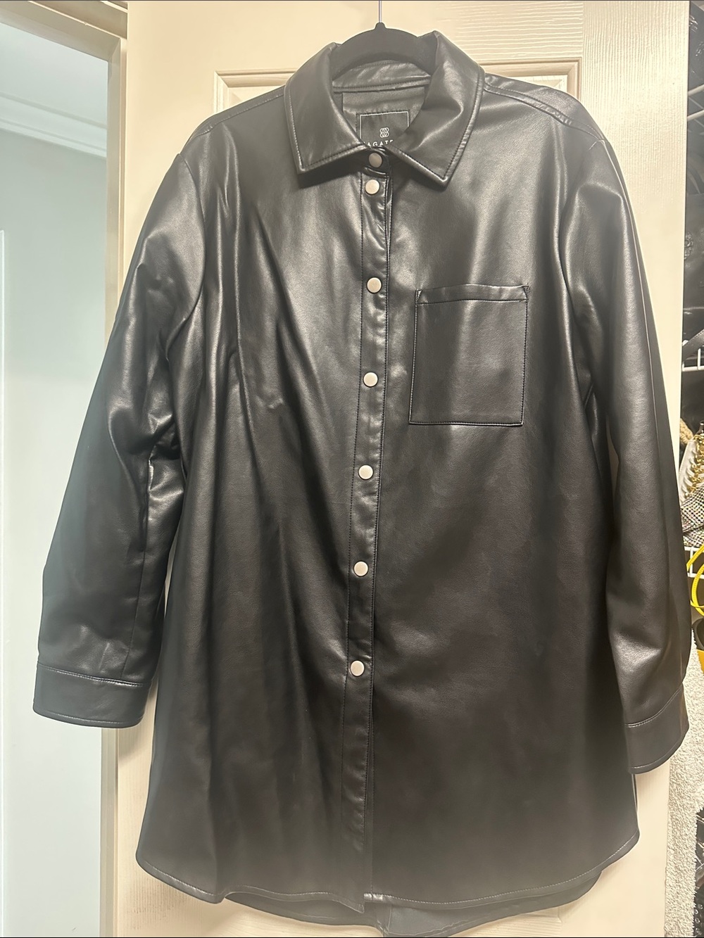 Black Faux Leather Button-Up Shirt Jacket or Dress w/ side pockets